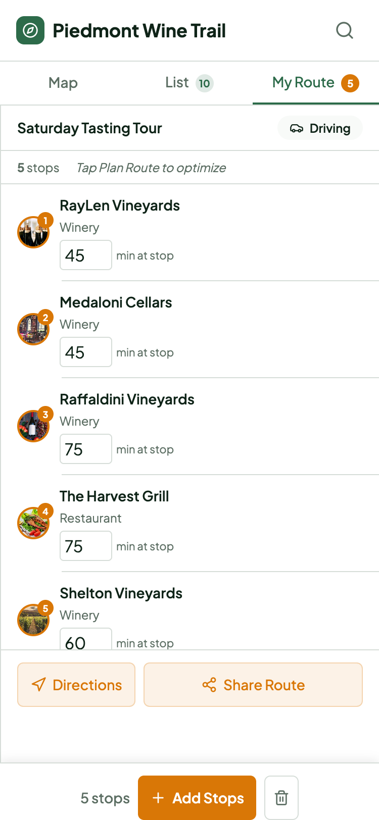 Piedmont Wine Trail tasting tour route