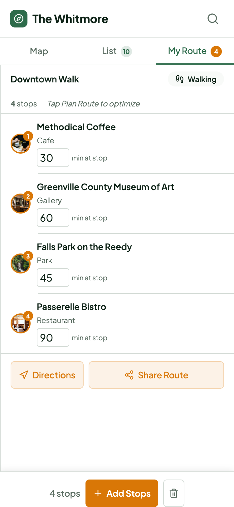 The Whitmore downtown walk route